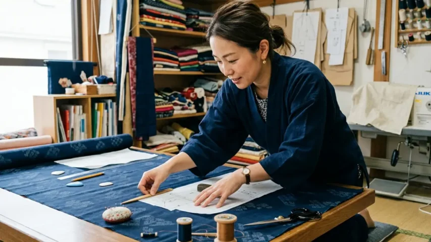 着物リメイク無料型紙で柄合わせを確認する裁断前の様子