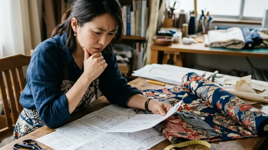 着物リメイク無料型紙を選ぶ女性と型紙比較