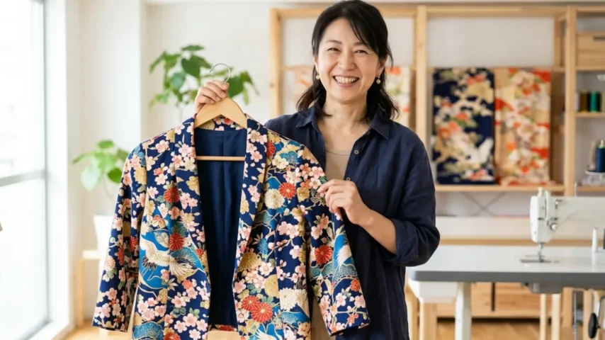 着物リメイク無料型紙で完成した作品を持つ日本人女性