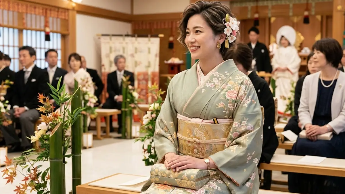 結婚式で着物を着たショートヘアの日本人女性の髪型