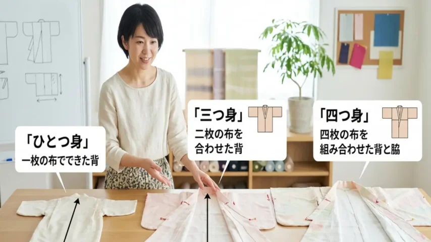 七五三 着物 一つ身 三つ身 四つ身 の違いを比較するイメージ