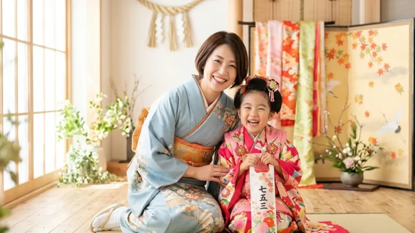 七五三写真映えするボブスタイル 七五三着物 ボブそのまま 写真撮影 母親と子ども