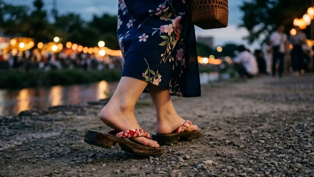 浴衣で下駄を履く日本人女性の足元で鼻緒擦れ対策が重要な場面