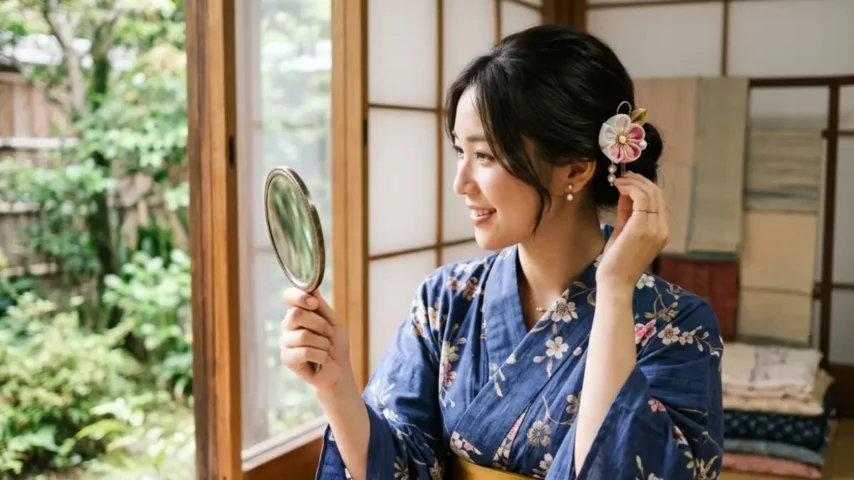 浴衣ヘアと髪飾りの完成イメージ 浴衣髪型簡単不器用でも髪飾りで完成度を上げた仕上がり