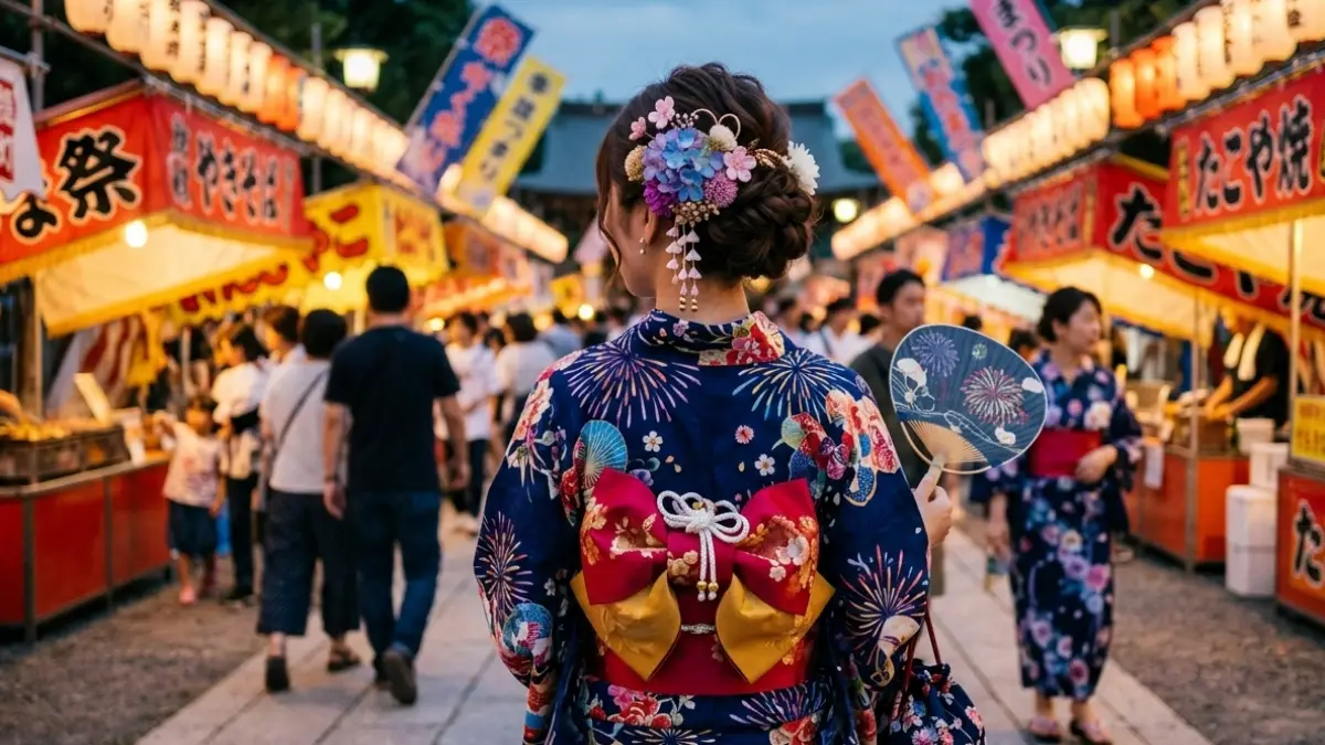 浴衣髪型ふわふわに似合う髪飾りをつけた日本人女性のまとめ髪