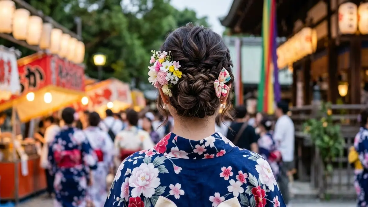 ボブでもできる浴衣髪型ふわふわの日本人女性のアップ風アレンジ