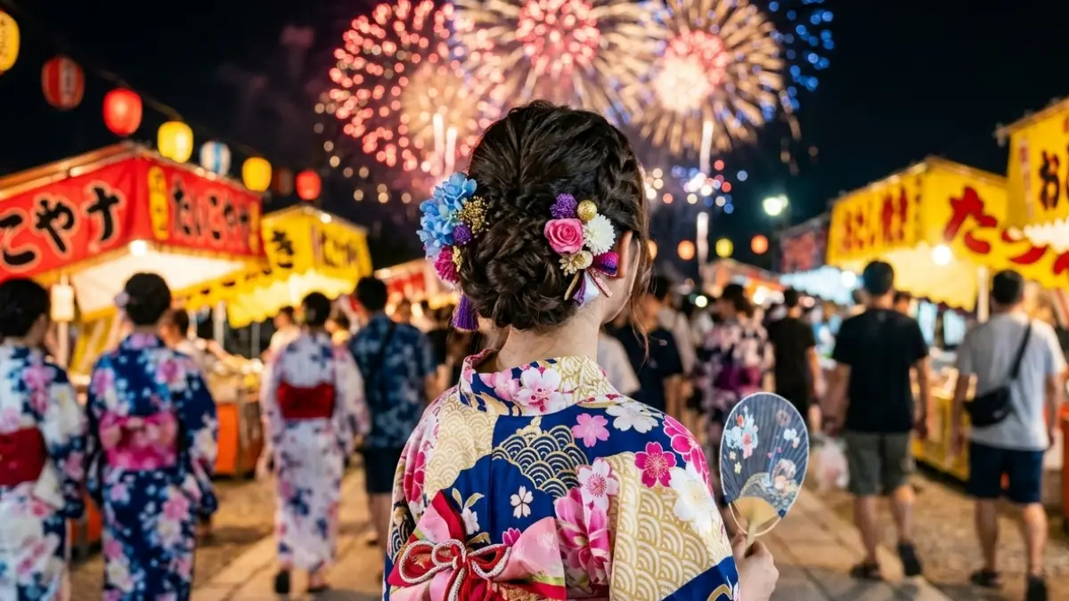 ロングヘアの浴衣髪型ふわふわアレンジがわかる日本人女性のシニヨン