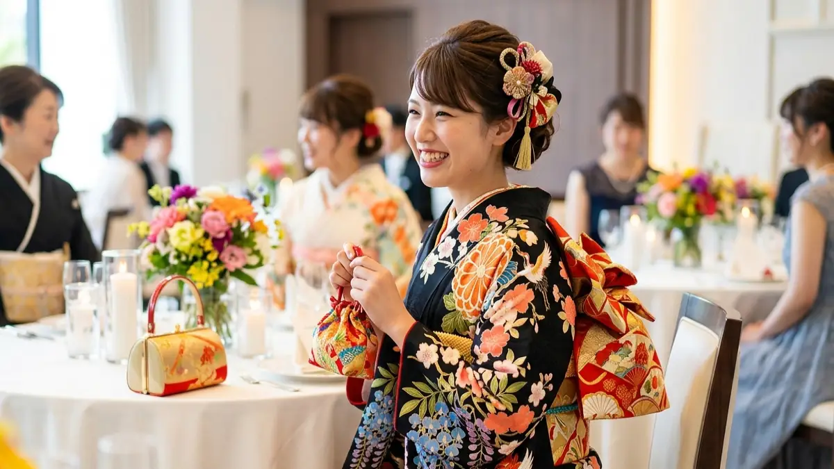 結婚式 着物黒 振袖の華やかなコーディネート