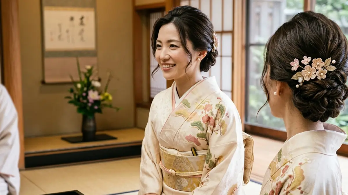 着物 髪型 ボブ 結婚式 親族30代 上品なアップ風ヘア