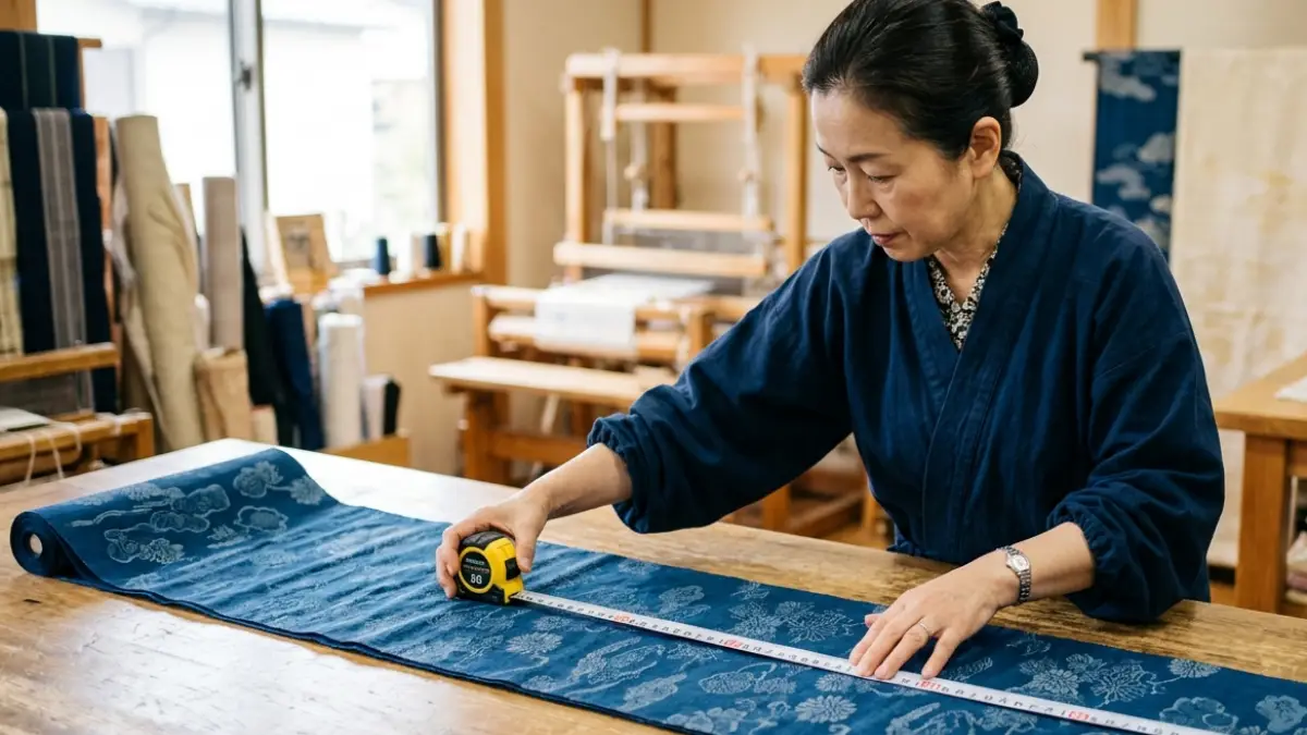 反物幅を測るポイント 着物リメイク もんぺ 作り方で反物幅を測る様子