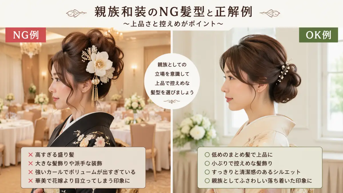 着物髪型 結婚式 親族30代 NG髪型と正解の比較 上品なまとめ髪