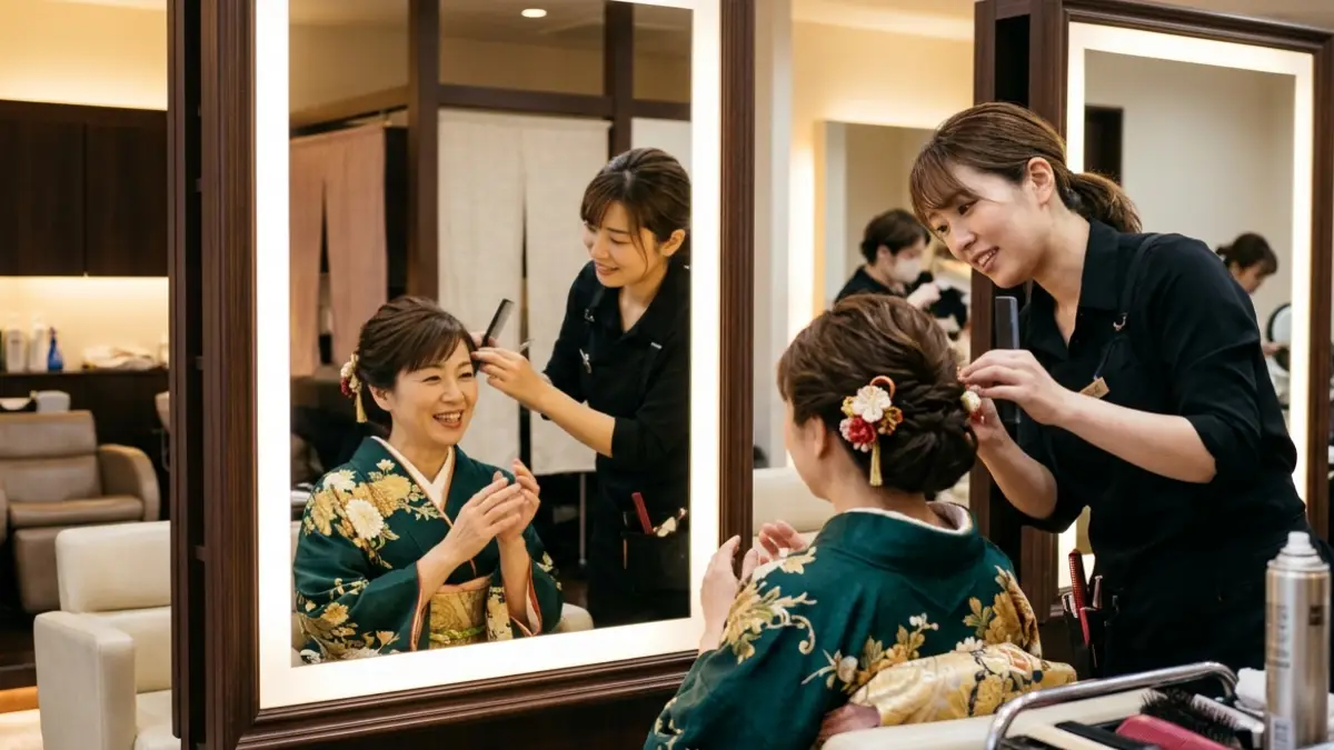 着物髪型 結婚式 親族30代 美容室 オーダー 相談している様子