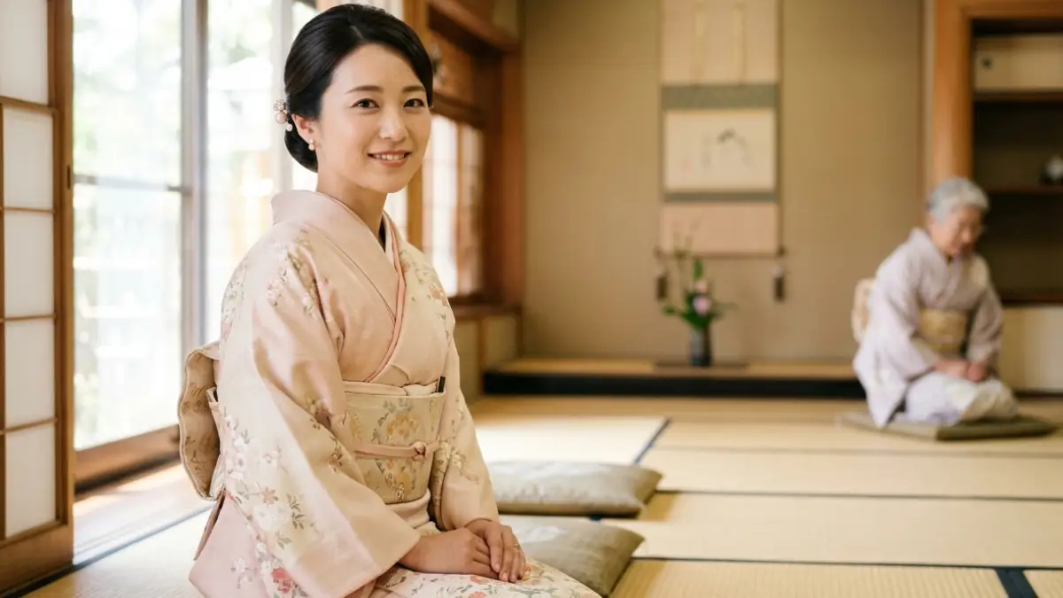 結婚式で着物を着る20代親族女性の上品な低めシニヨンヘアスタイル