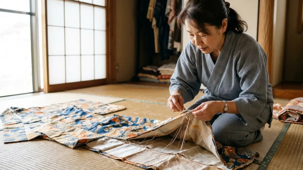 着物をほどいて構造を理解する 着物リメイク もんぺ 作り方で着物をほどく作業