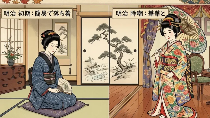 明治の着物の特徴まとめ 明治の着物の前期と後期の違いをまとめた比較画像