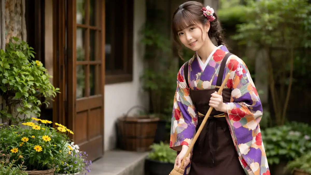 銘仙着物の普段着スタイル 銘仙の着物を普段着として着た20代女性の横長イメージ