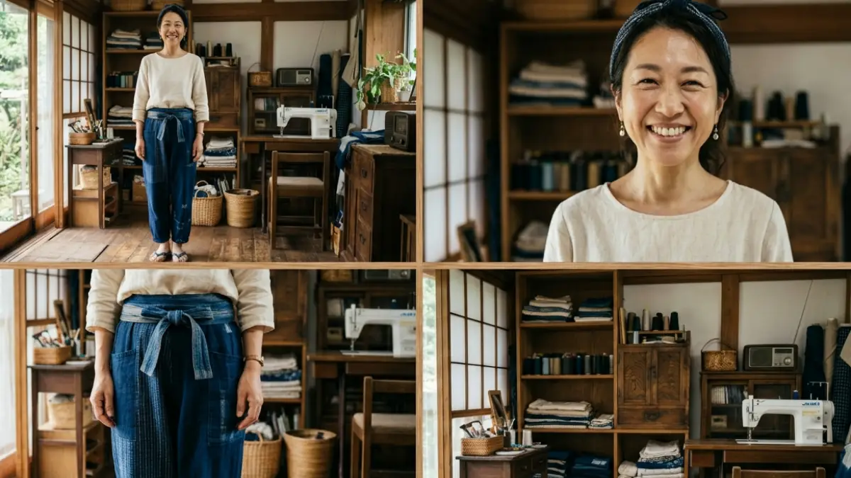 完成したもんぺの着用イメージ 着物リメイク もんぺ 作り方で完成したもんぺの着用イメージ