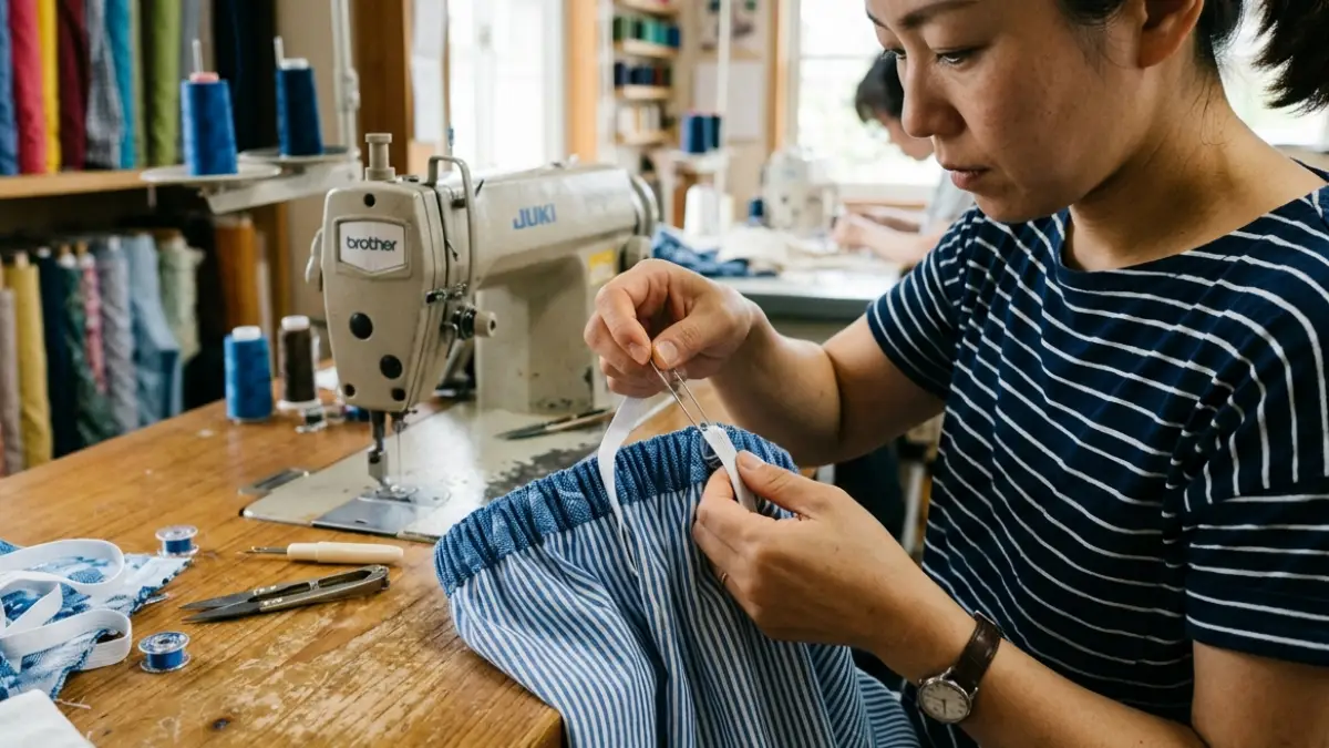 ウエストゴムの仕上げ 着物リメイク もんぺ 作り方でウエストゴムを入れる工程