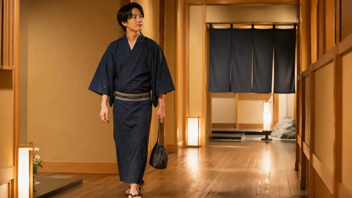 温泉 浴衣帯結び方男のコツとして帯を腰骨で締めた男性