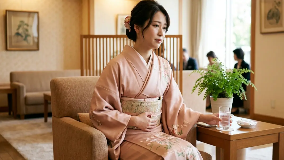 妊娠初期に着物を着た20代女性がつわりで休憩している様子