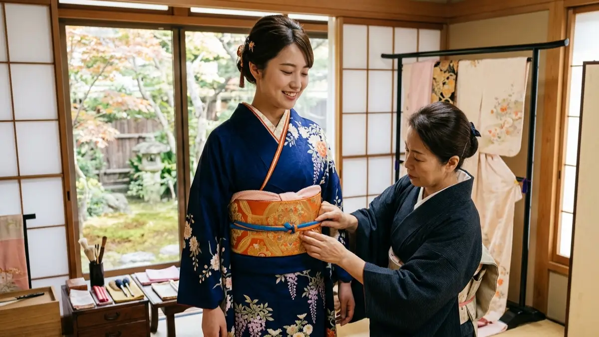 妊娠初期に着物を着る20代女性の帯を着付け師が調整している様子