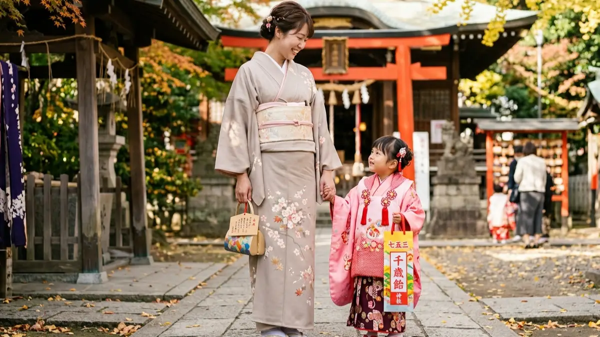 妊娠初期に着物で七五三に参加する20代女性のイメージ