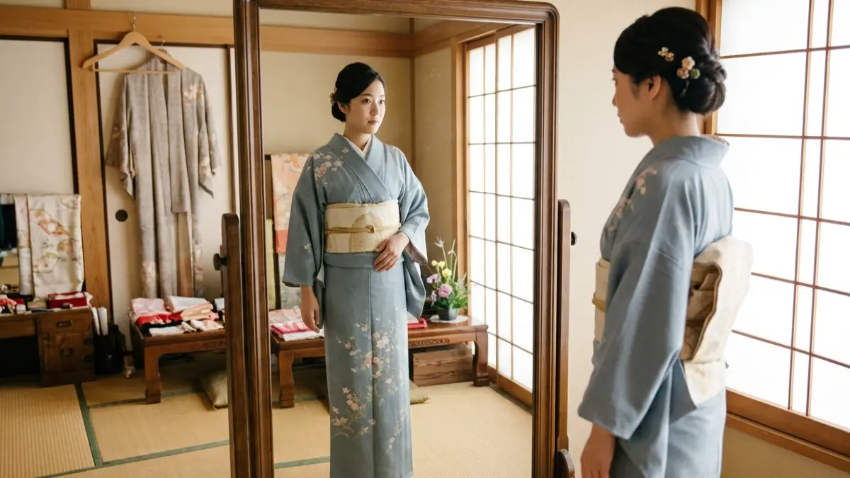 妊娠初期に着物を検討する20代女性が和装姿を確認している様子