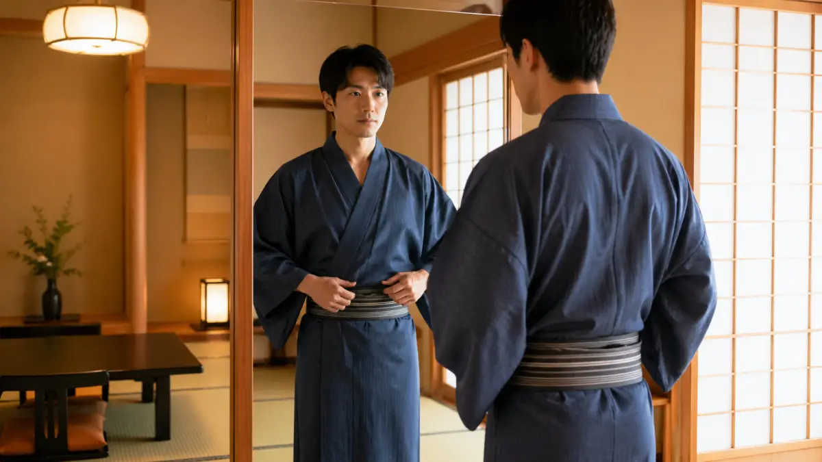 旅館浴衣 着方男の基本として浴衣の前合わせと帯の位置を確認する男性