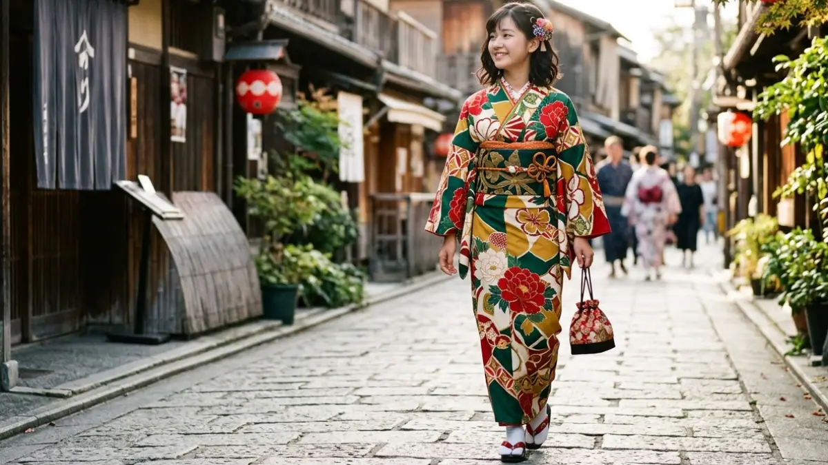 大正 ロマン着物 コートかわいい配色と柄の京都コーデ