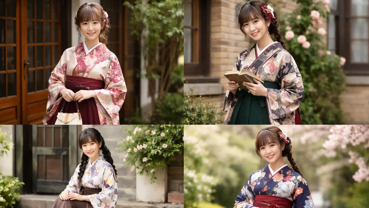 大正ロマン風着物コーデ4選 大正ロマン風の着物コーデを着た10代女性の横長4分割画像