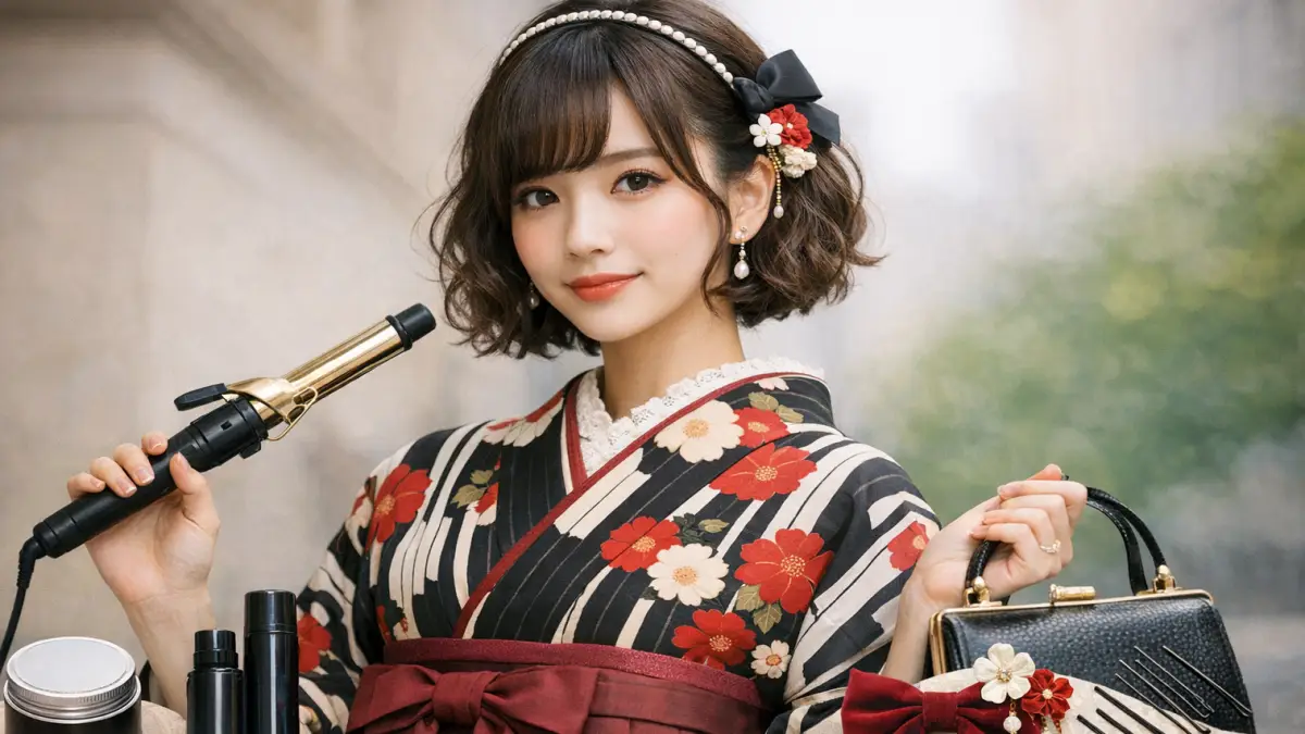 大正ロマン着物髪型の現代風コーディネート 大正ロマン風の着物髪型を現代風にアレンジした女性コーディネート画像