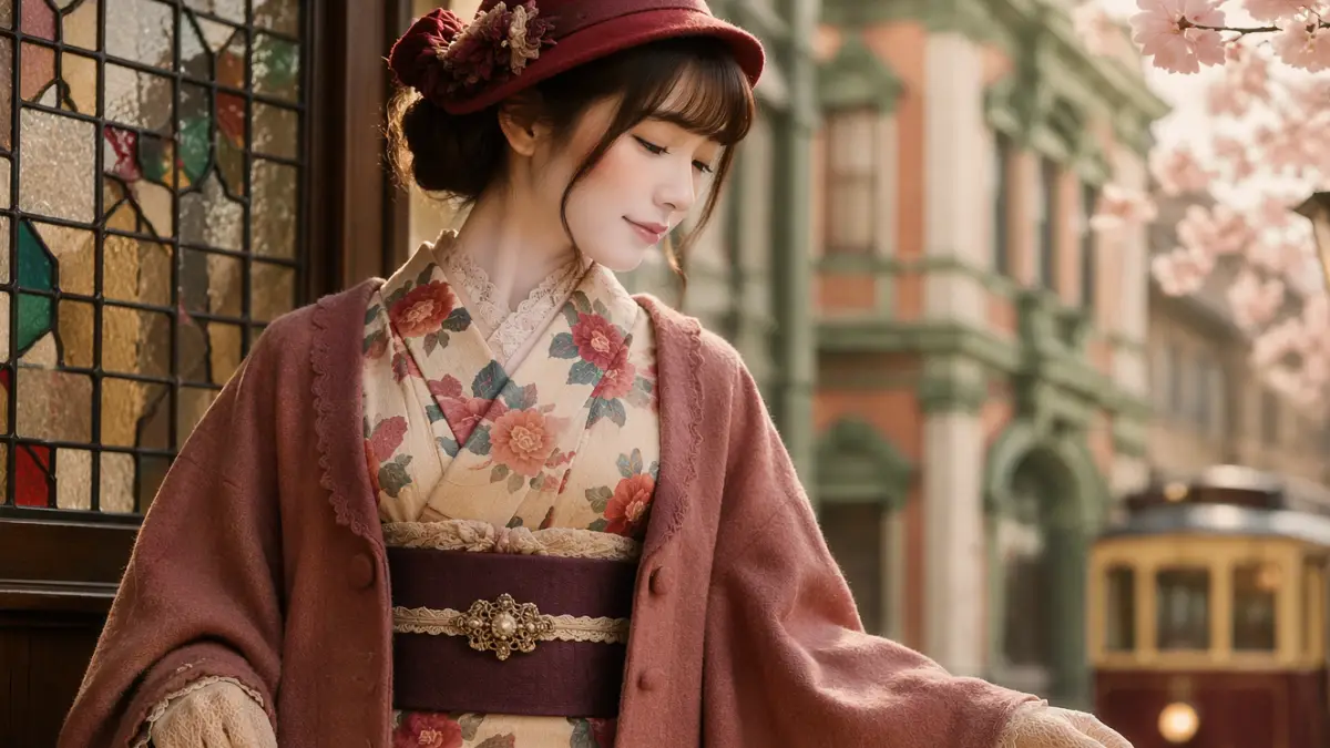 大正ロマン着物にかわいいコートを合わせたレトロコーディネート