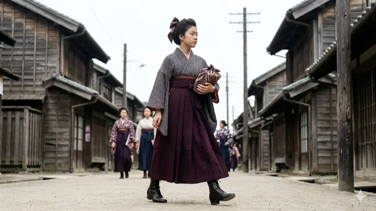 大正時代の女学生袴スタイル 大正時代 女学生 袴の通学スタイルを表現した横長画像