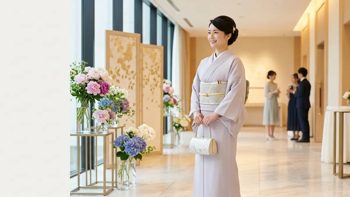 結婚式 着物色無地で友人参列する日本人女性の上品なコーデ例