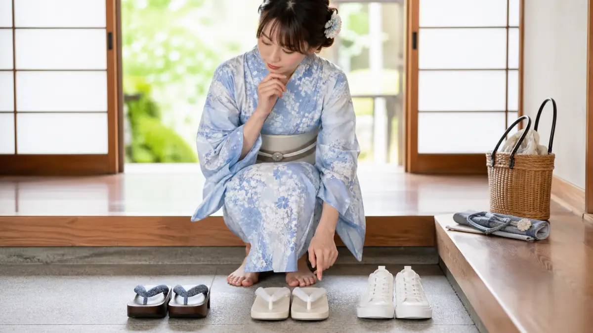 浴衣の靴は何を履けばいいか下駄サンダルスニーカーを比較する女性