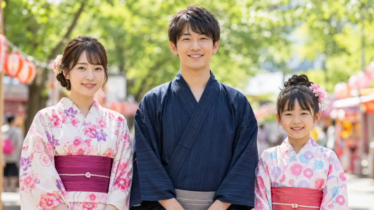 浴衣上どっちは男女子どもで同じと分かる日本人20代男女と女の子の画像