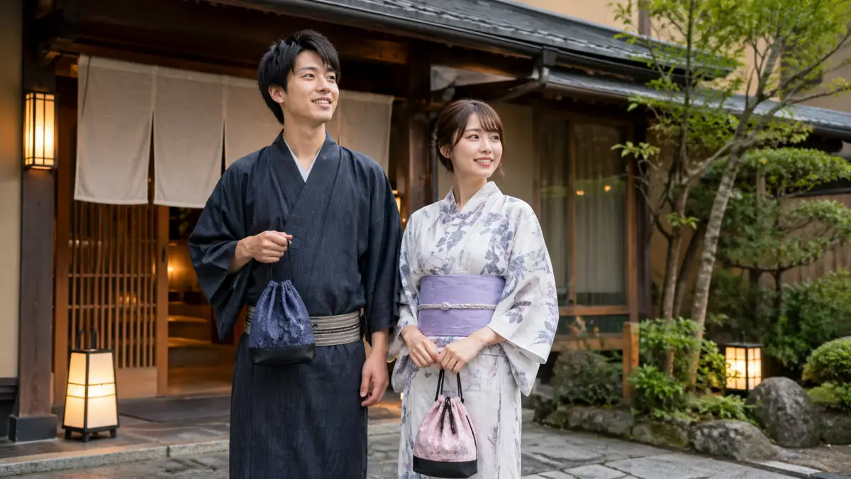 浴衣帯 結び方男 旅館簡単の基本として旅館の外で浴衣を着た男女