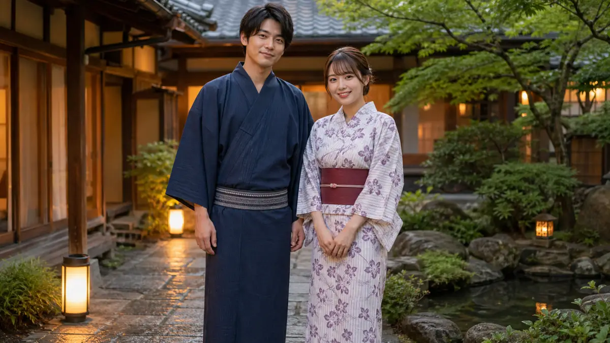 浴衣帯 結び方男 旅館簡単まとめとして自然に帯を整えた男性