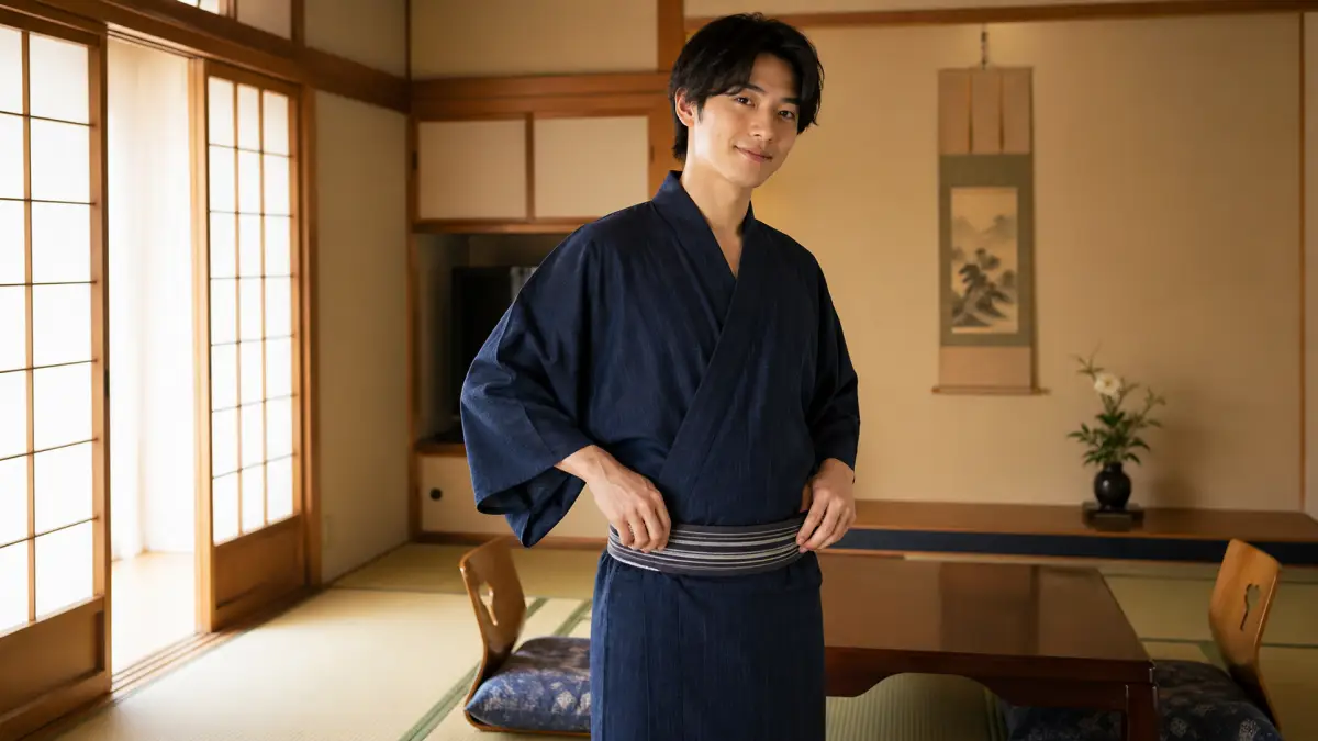 浴衣帯 どこで結ぶ男か腰骨の位置で帯を締める男性