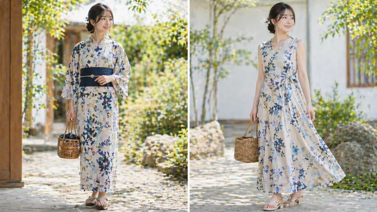 浴衣ワンピースの2WAY大人向けコーデを着た20代日本人女性の比較イメージ