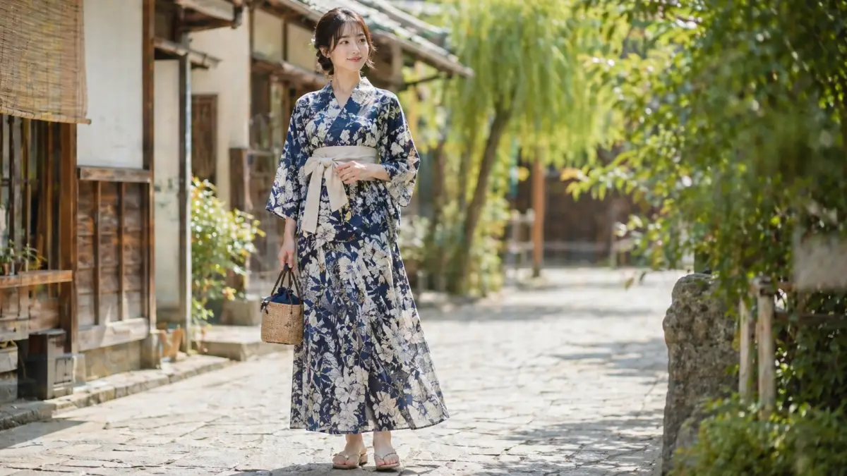 浴衣ワンピース選びの結論が伝わる20代日本人女性の上品な着用イメージ