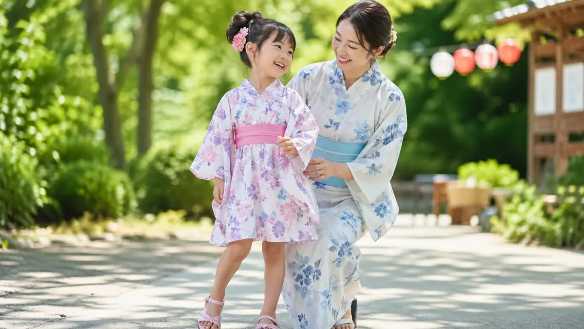 浴衣ワンピースのキッズ向け注意点がわかる日本人の親子イメージ