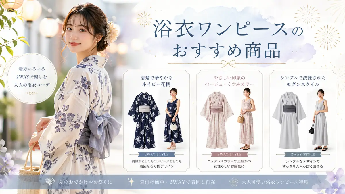 浴衣ワンピースのおすすめ商品を紹介する20代日本人女性の2WAY浴衣コーデ画像