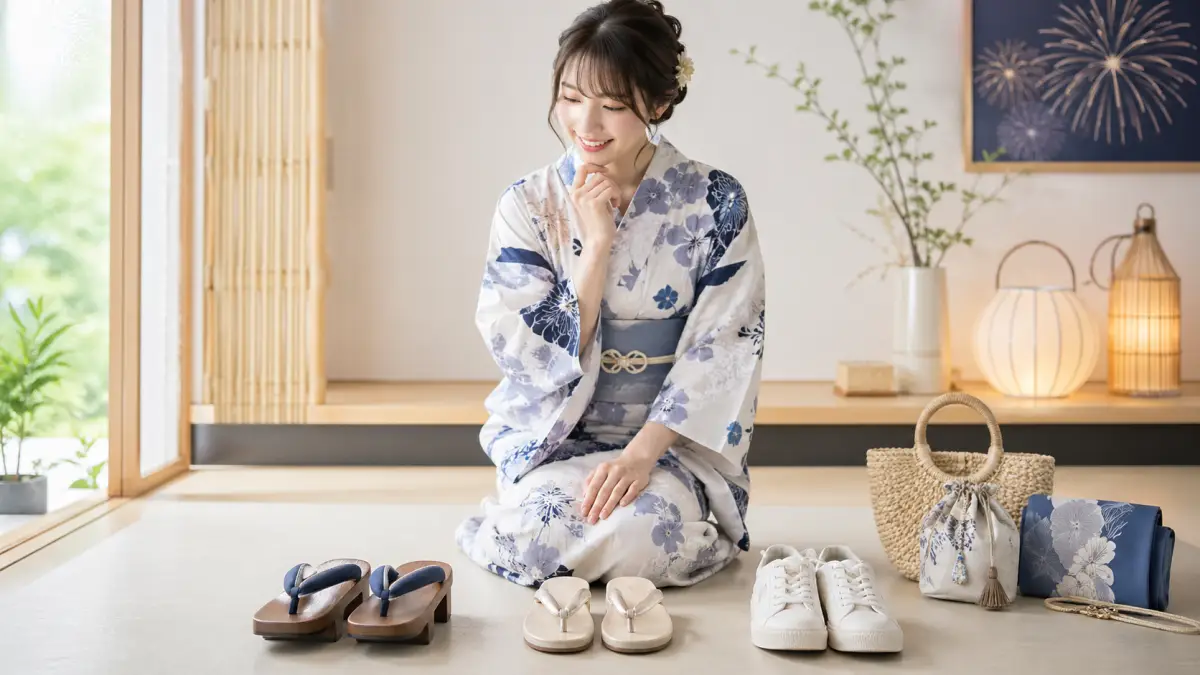 浴衣靴で失敗しない選び方を考える20代女性と下駄サンダルスニーカー