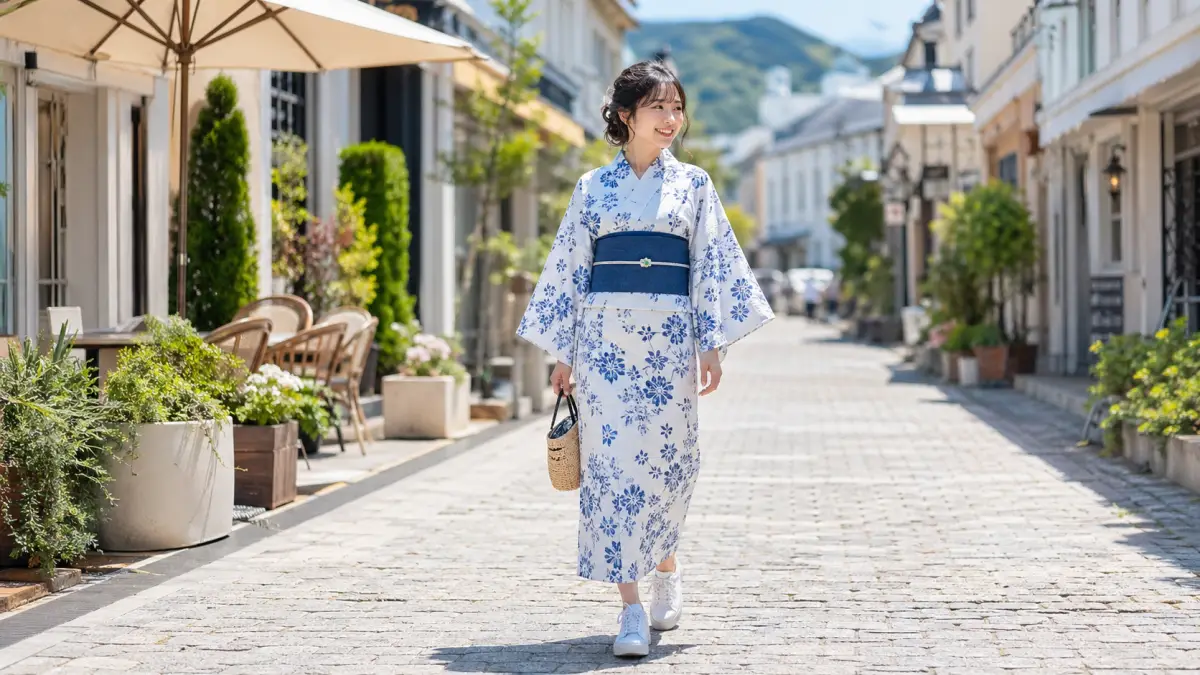 浴衣 靴 スニーカーとして白いローカットスニーカーを履く20代女性