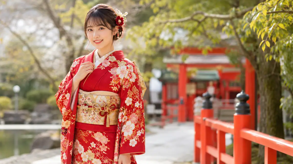 成人式赤系振袖まとめイメージ 成人式着物 赤系のまとめに使う日本人女性の振袖イメージ