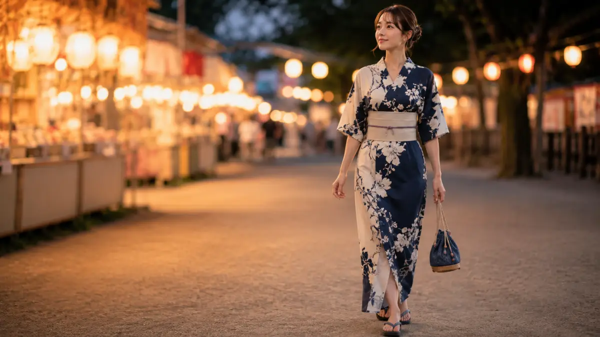 浴衣ワンピース大人を着た日本人女性が夏祭りを楽しむ様子