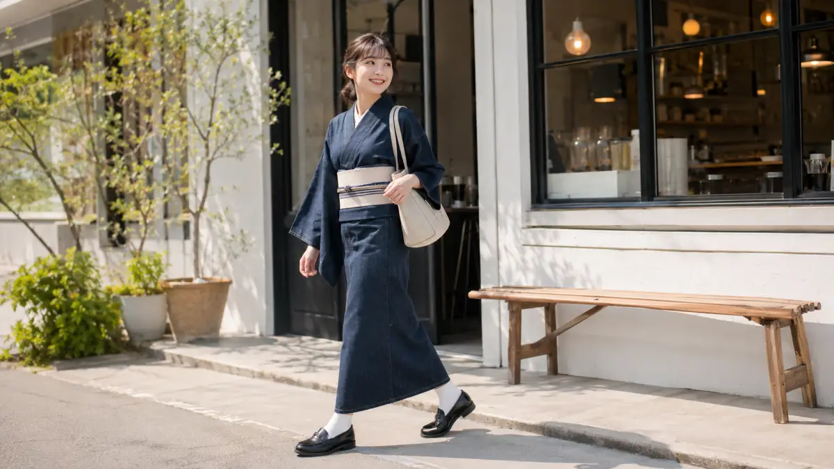 カジュアル着物とローファーのコーデ 着物にローファーを合わせたカジュアルな日本人女性のコーデ
