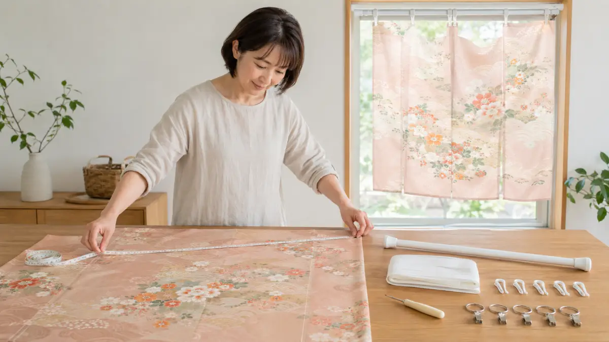 着物リメイク カーテンを自作するための道具を準備する日本人女性
