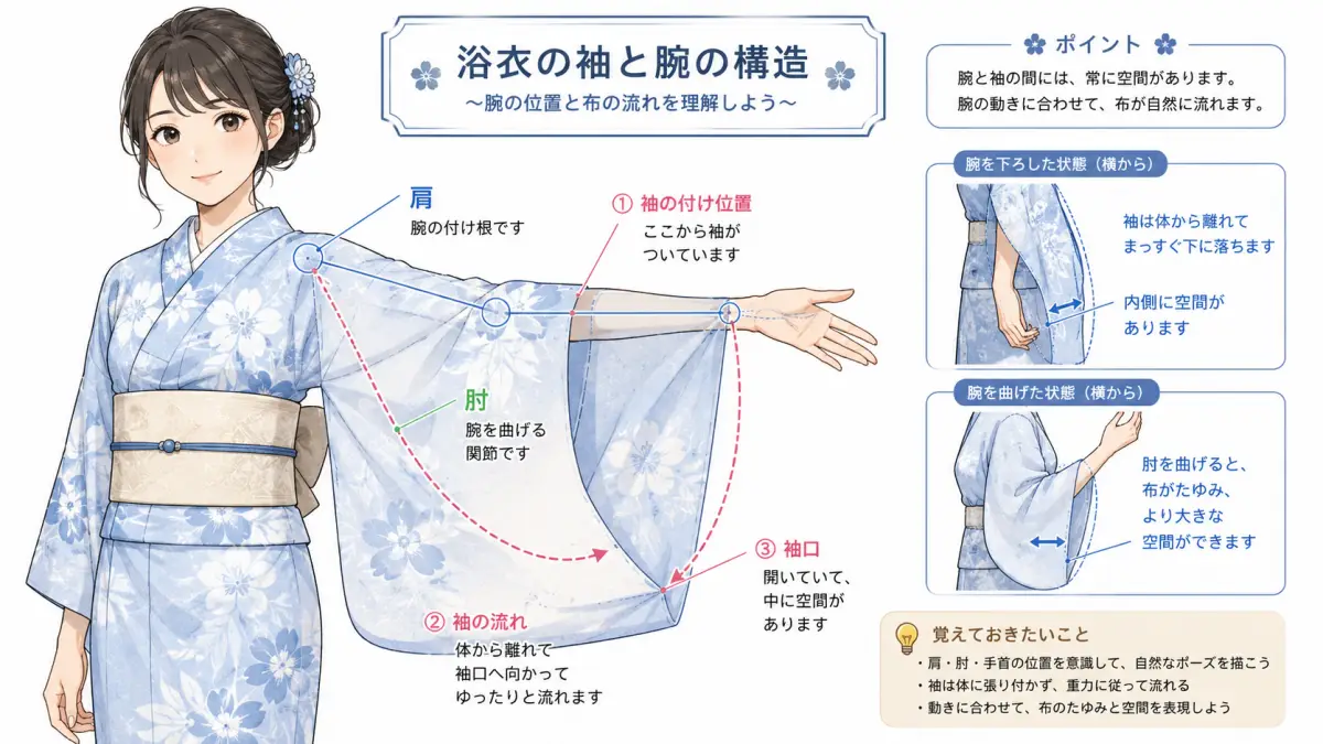 女性の浴衣袖の特徴が分かるイラスト 浴衣袖の描き方で女性らしい丸みや揺れを示した日本人女性のイラスト